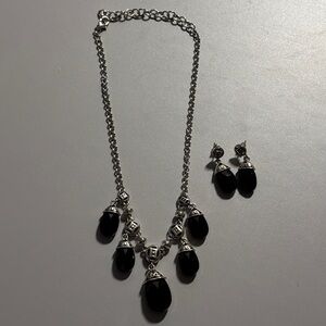 Brighton Serene Nights Necklace Earrings Set Black Faceted Glass Silver‎ Plated